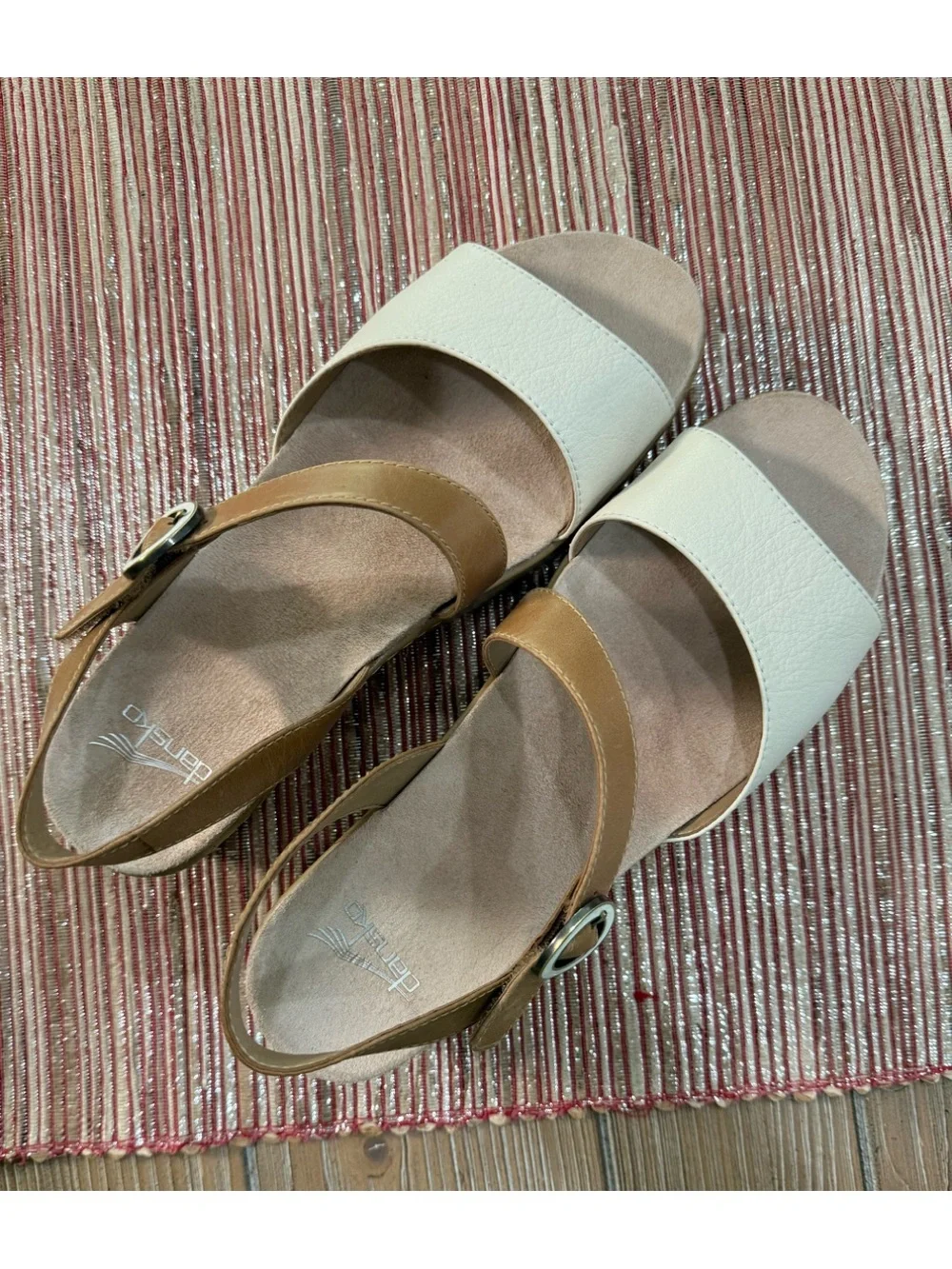 Dansko Marjorie Platform Two-Tone Slingback Sandals in Cream and Tan Leather